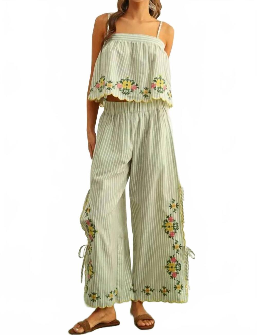 NEW MIOU MUSE women's floral embroidery with striped pants in sage